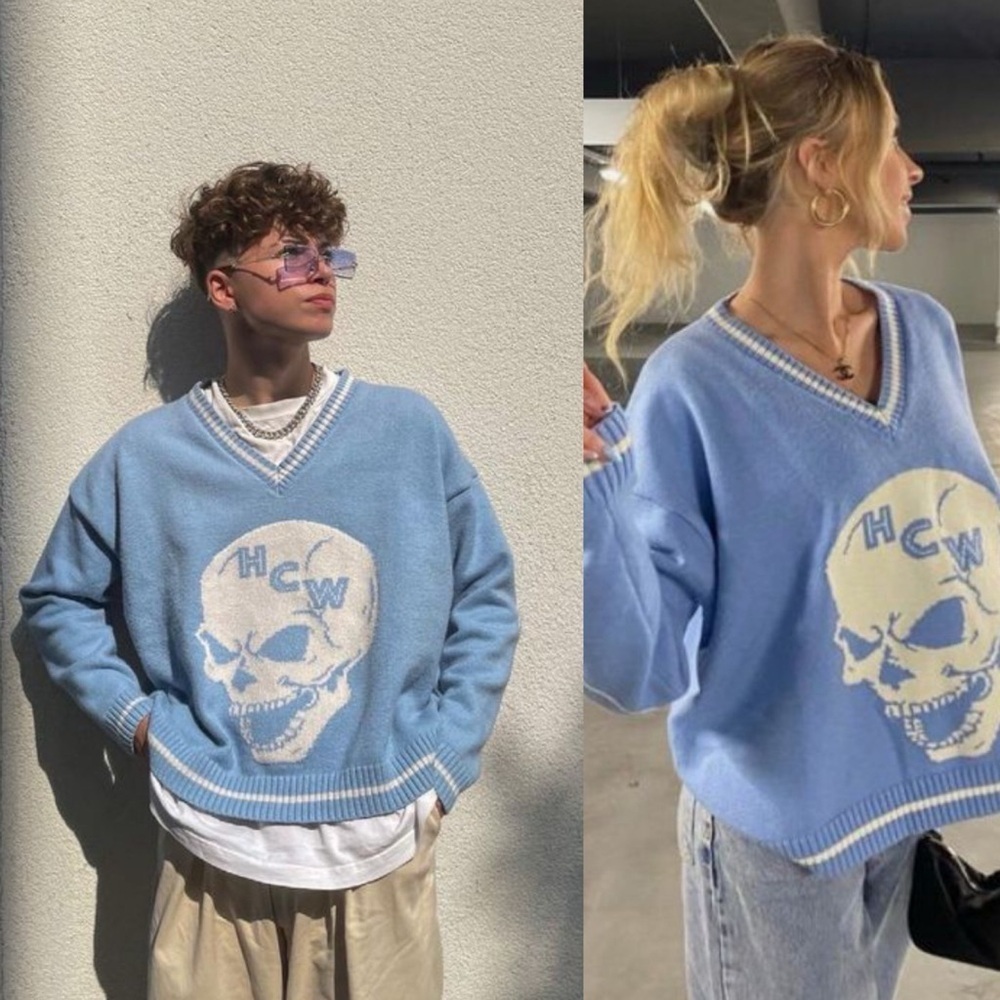 SHINE Unisex Skull Pattern Drop Shoulder‎ Light Blue White Stripes Sweater S